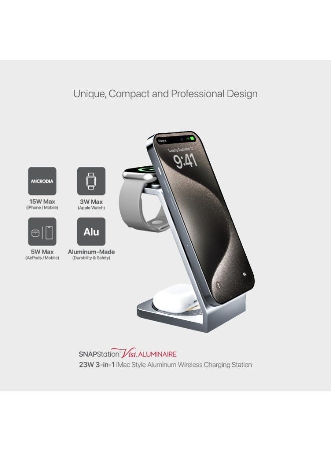 MICRODIA SNAPStation Aluminaire 23W 3-in-1 Aluminum Magnetic Wireless Charging Station, MagSafe Wireless Charger Stand for iPhone 16/15/14/13, AirPods & Watch, Qi Fast Charging Dock – Silver - Image 5